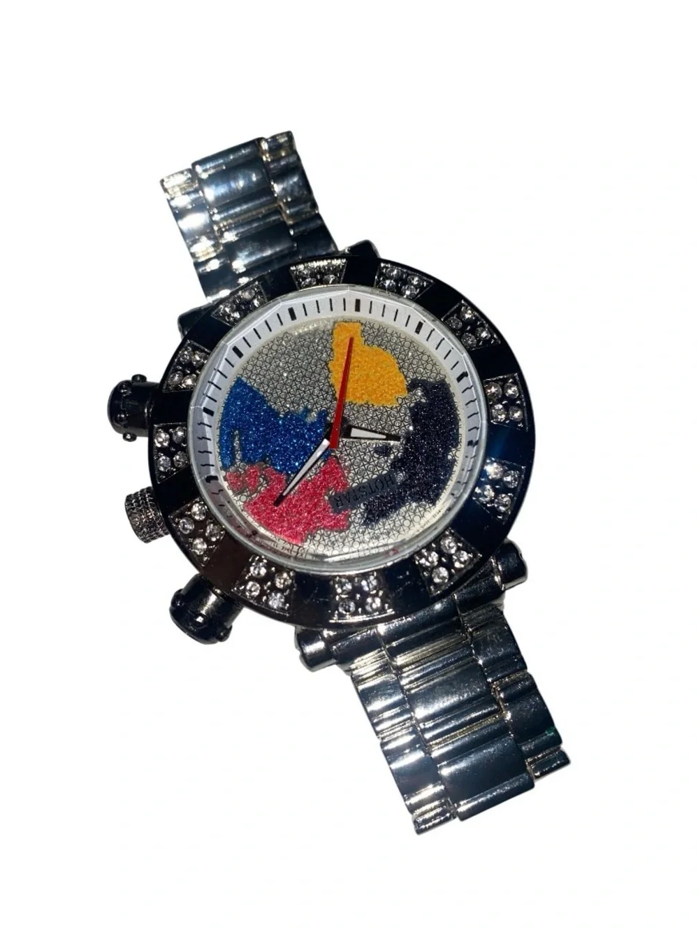 Vintage Chunky Silver Men’s or Women’s Watch with Colorful Dial and World Map